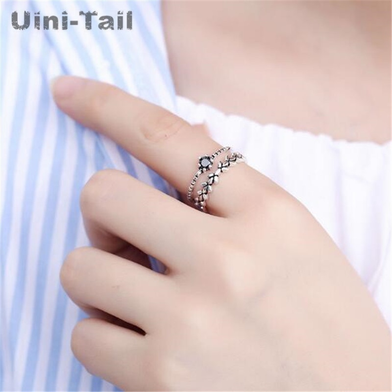 Uini-Schwanz heißer neue 925 Sterling silber kreative Obsidian blatt Ring Korea einfache dynamische Ring GN483