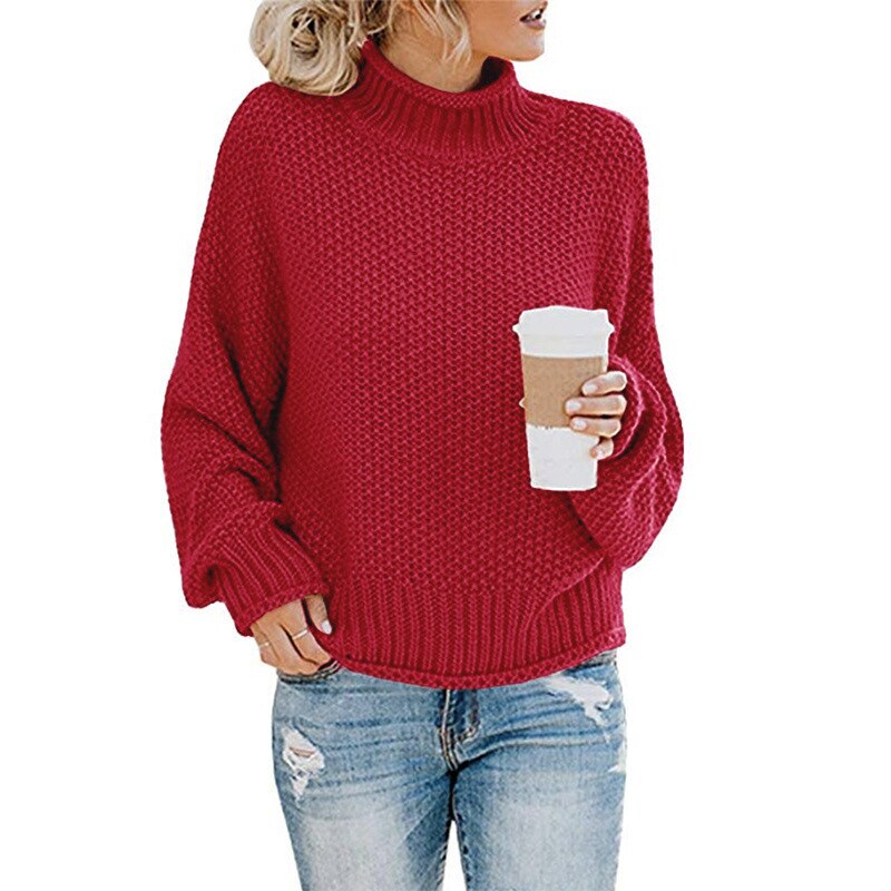 Knitted Turtleneck Warm Women's Sweater Autumn Long Lantern Sleeve Female Sweaters Winter Casual Solid Ladies Pullover: Wine red