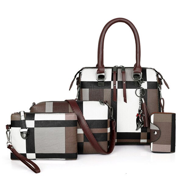 Vrouwen Luxe Handtas Sets 4 Stks/set Composiet Tassen Handtassen Vrouwen Plaid Kwastje Bag Vrouwelijke Zomer Strand Tassen: Bruin