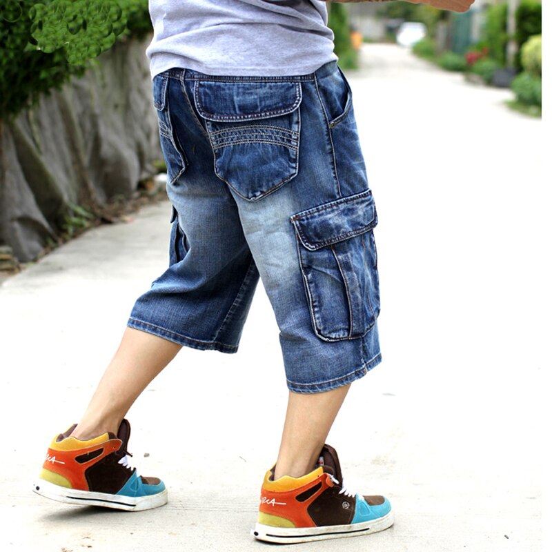 LOVZON-Vaqueros cortos holgados de talla grande para hombre, ropa de calle a la , pantalones Capri largos de Hip Hop, Bermudas de bolsillo, azul, 3/4