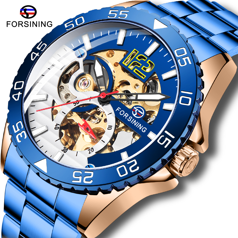Mode Forsining Heren Sport Automatic Skeleton Horloge Blauw Rvs Mechanische Lichtgevende Waterdichte Horloges