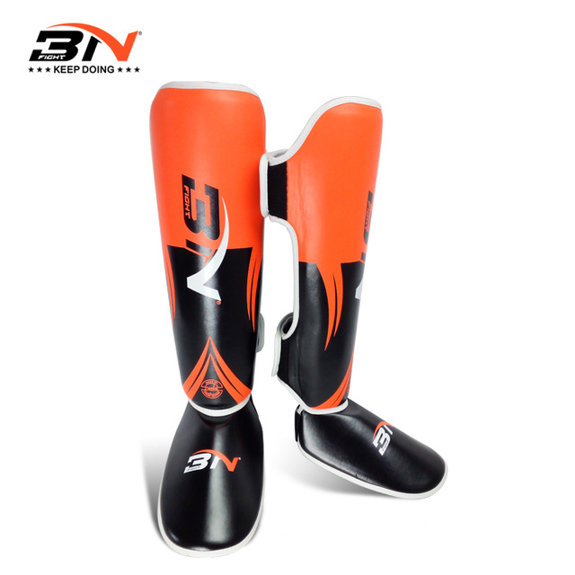 Bnpro et par pu læder muay thai boksning træning ben skinnebensbeskyttere ankelbeskytter mma varmere lys sparkende skinnebensbeskyttere: Orange / M 135-160cm højde