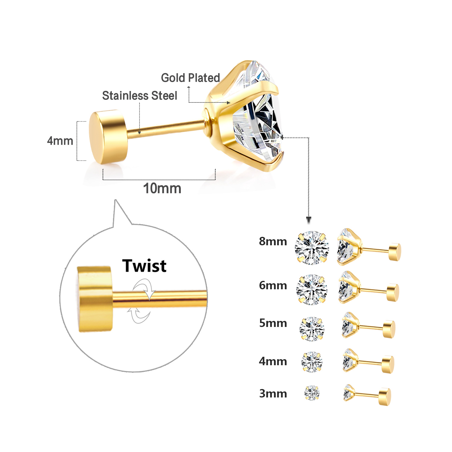 LUXUSTEEL 2Pcs Men's Crystal Zircon Studs Earrings For Women 316L Stainless Steel Cartilage Piercing Ear Anti Allergic 3-8mm: Red / Rhodium Plated