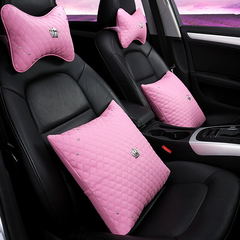 Car Headrest Pillow Luxury Diamond Pattern Car Headrest Neck Pillow Cushion Red Pink Black Women Car Accessories