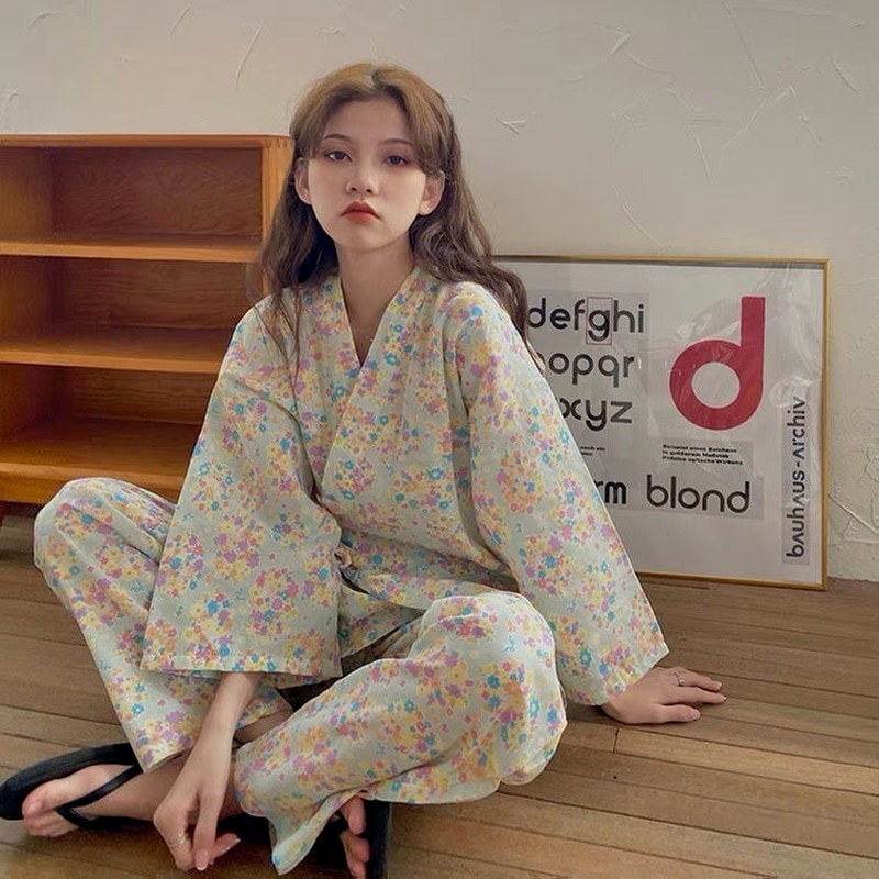 Kimono Women Sakura Room Wear Japanese Kawaii Pajama 2 Piece Sets Sleepwear Vintage Floral Pijama Harajuku Pyjamas Loungewear