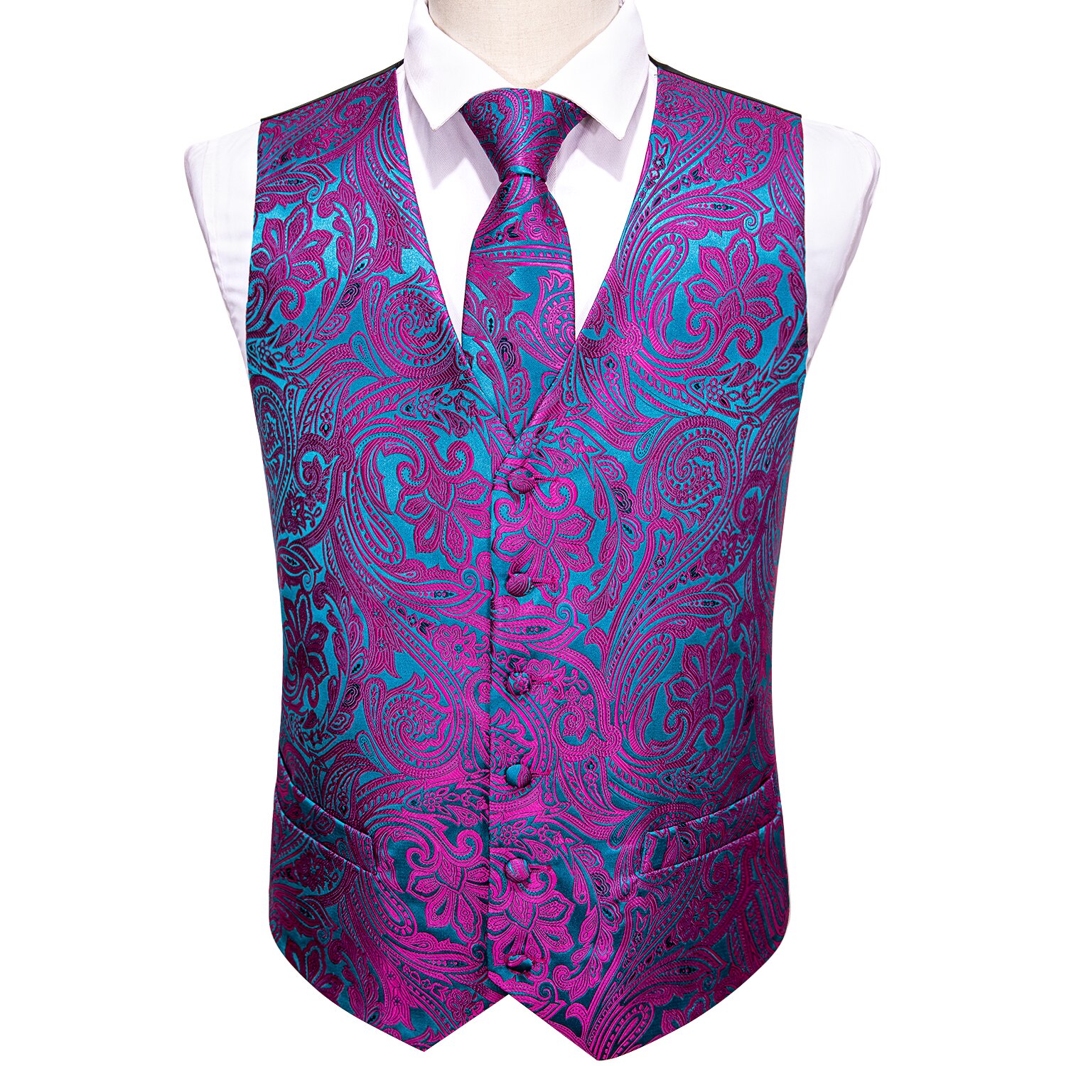 Gilet de costume de mariage pour hommes, Rose rouge, bleu Floral, Jacquard, gilet en soie, mouchoir, cravate, ensemble de costume, de Barry.Wang