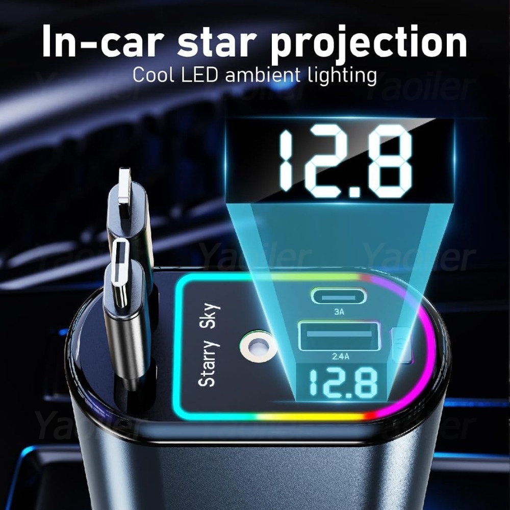 Adaptador de cargador de coche retráctil mejorado de 120W con Starlight, cargador de coche USB de carga rápida 4 en 1 con 2 puertos USB accesorios para coche