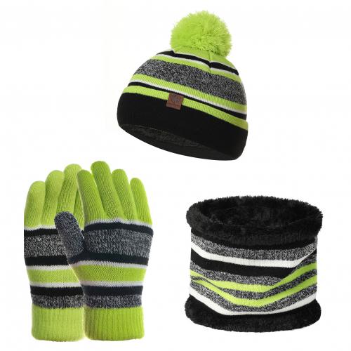 Gorros de invierno para niños, Kit de guantes de algodón, hilo de lana tejido, Gorro con pompón, cálido, bufandas, guante, conjunto de tres piezas: Verde
