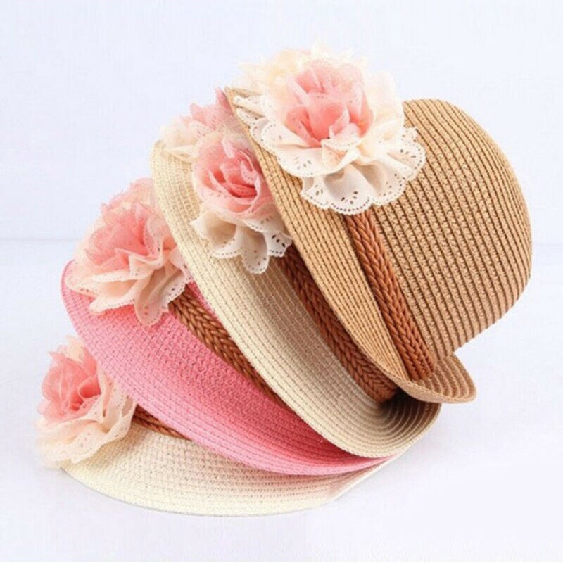 Sombreros para niños y niñas, gorro de paja con flores, transpirable, a prueba de sol, color Beige, blanco, rosa y caqui