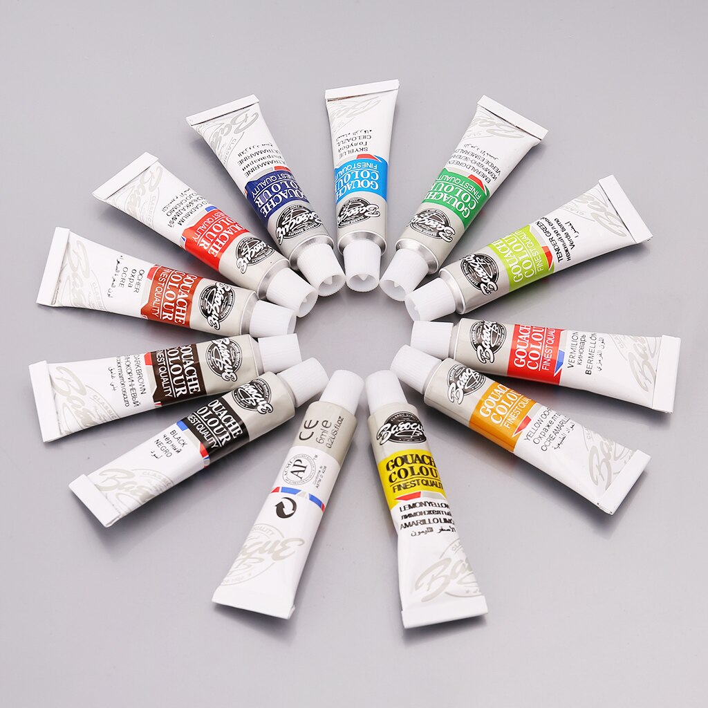 12 Colors Gouache Paint Tubes Set 6ml Draw Painting Pigment Painting With Brush Art Supplies Jan-12