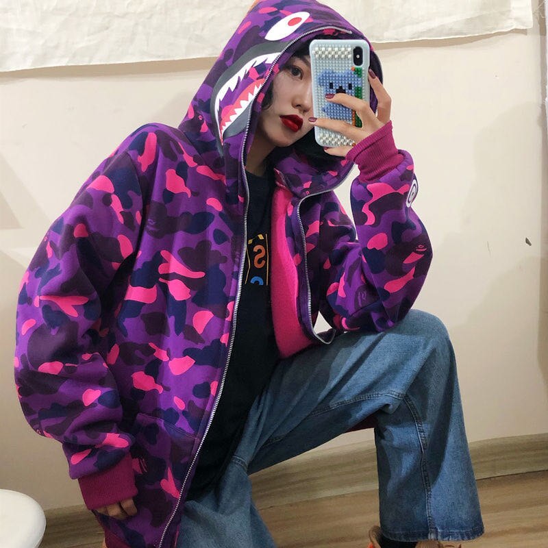 Fmzxg waitmore haj camouflage hættetrøje tilgængelig hip-hop løst par fritid løstsiddende slouchy jakke
