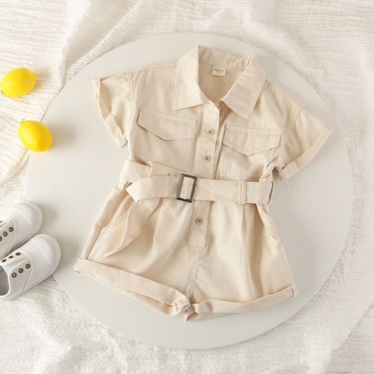 Kinderen Zomer Jumpsuit Peuter Kids Baby Meisjes Kleding Kind Korte Mouw Romper Overalls Mode Meisjes Kleding Kinderen Outfit: Beige / 4T