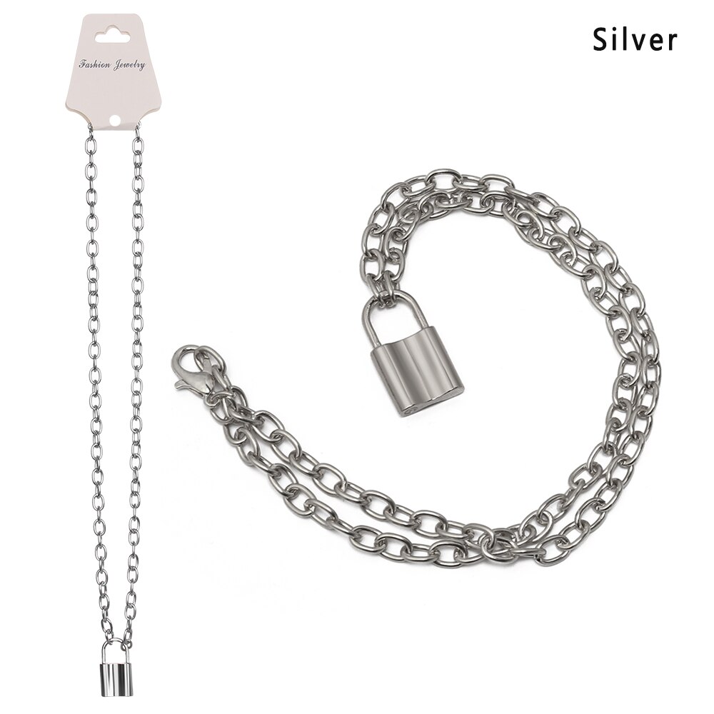 1Pcs Punk Jewelry Gold Silver Color PadLock Pendant Necklace Stainless Steel Rolo Cable Chain Necklace: 1-Silver