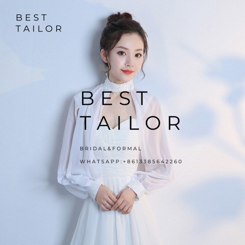 Kleuren beschikbaar! ivoor chiffon bruidsjassen bolero bruidsmeisjesjurken hoge hals split lange mouwen bruiloft accessoires: Wit