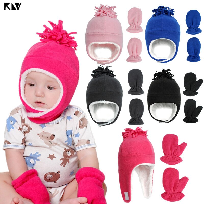 Baby vinter varm fleece hue og vante sæt småbørn baby børn pilot hat børn handsker til spædbørn baby motorhjelm tøj tilbehør