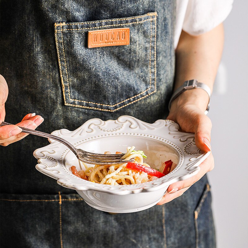 Vintage Relief Glazed Ceramic Food Dish Plate Fruit Dessert Plate Dish Meal Pasta Plate Soup Noodle Bow Plate Dishes Dinnerware