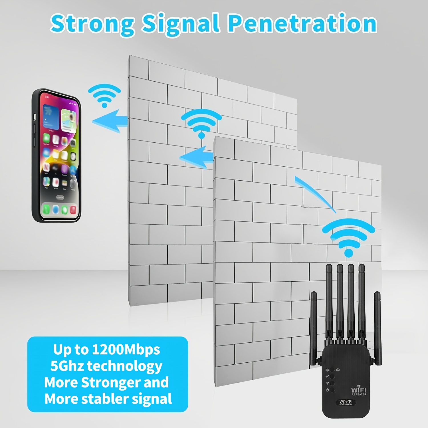 Dual-band gigabit ethernet-porter, wifi 6- forlenger, fungerer med alle rutere, universell kompatibilitet, , 6 antenner for 50+  enheter