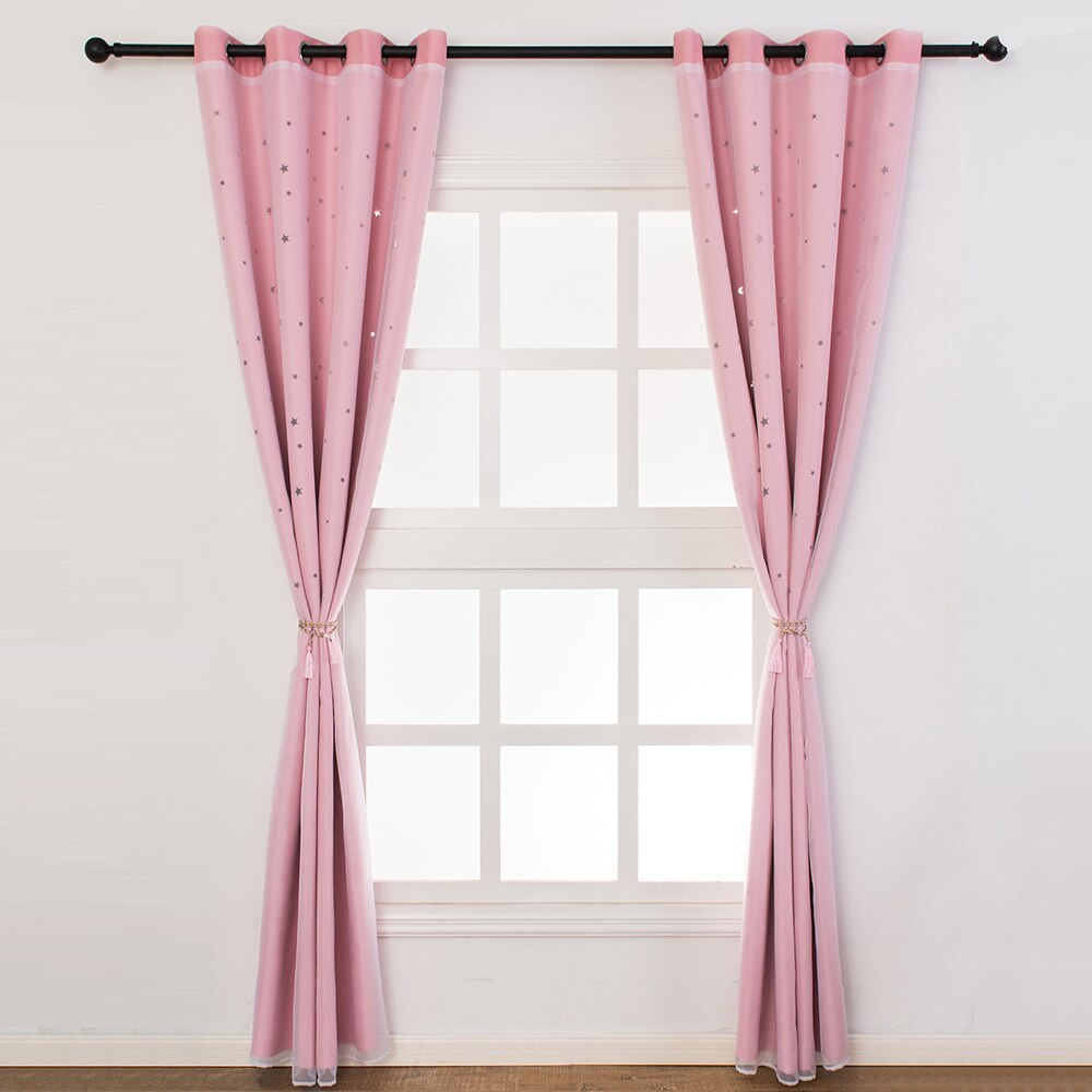 Shiny Stars Blackout Curtains for Living Room Hollow Double Layer Cloth Yarn Darkening Curtains for Bedroom Party Home Decor