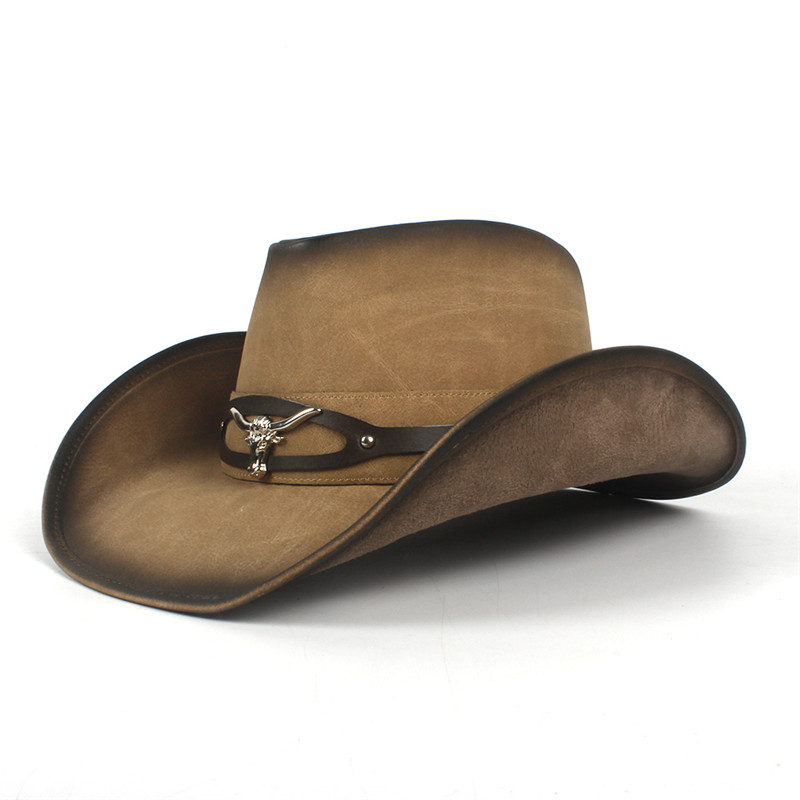 Cowboy hatte kvinder mænd western cowboy hat til far gentleman lady læder sombrero hombre jazz caps størrelse 58cm: C9 khaki