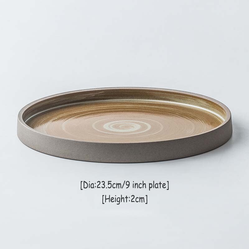 Grof Keramische Servies Set Japanse Ronde Plaat Rijstkom Thee Cup Retro Servies Platte Tray Koffie Cup Sushi Gerechten 1 stuks: 9 inch plate