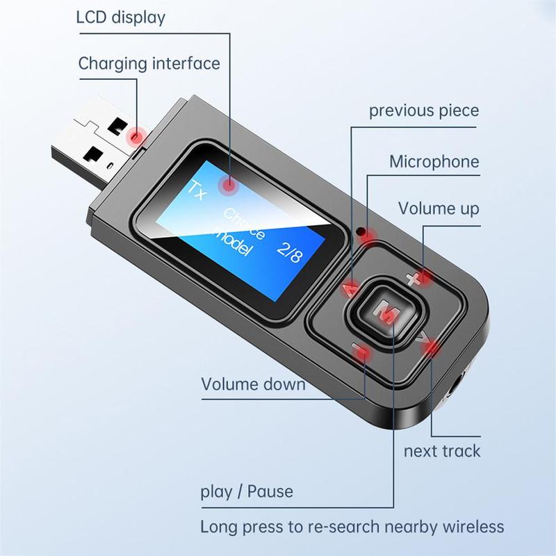 3in1 T12 Wireless USB Bluetooth 5.0 Audio Transmitter Receiver with LCD Display Mic for PC