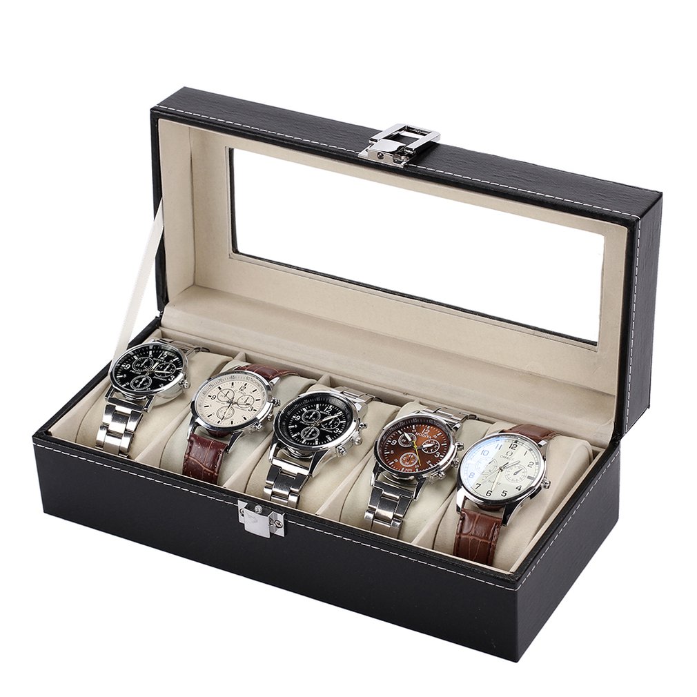 Standaard 5 Slots Modieuze Horloge Doos Zachte PU Lederen Horloge Opbergdoos Display van het Horloge Slot Case Box Case
