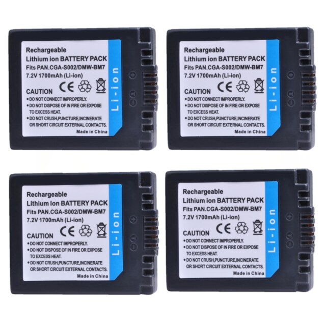 2x CGA-S002 DMW-BM7 CGA-S002A CGA-S002E Bateria para Panasonic DMC-FZ1 DMC-FZ2 DMC-FZ3 DMC-FZ4 DMC-FZ5 DMC-FZ10 DMC-FZ15 DMC-FZ20: 4x Battery