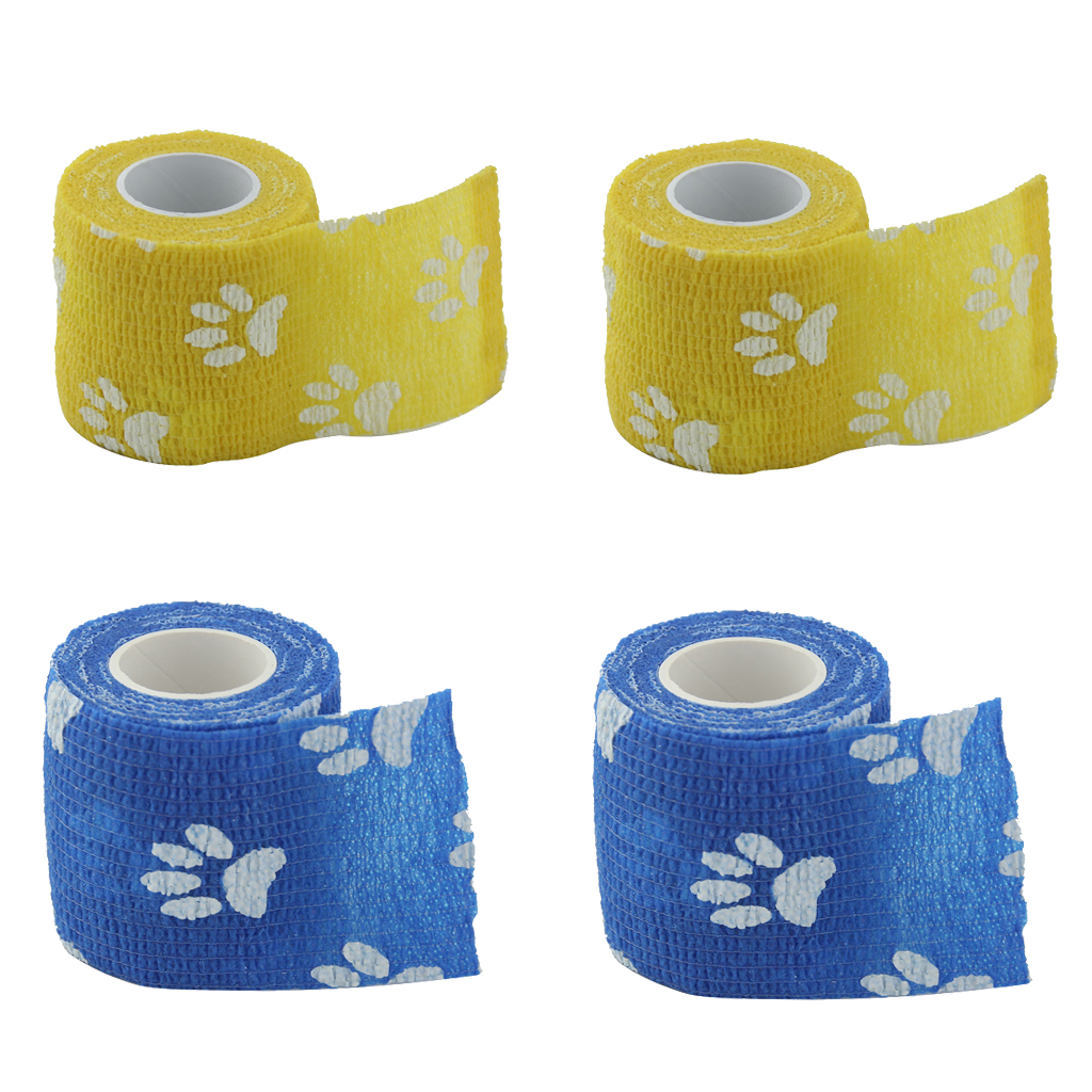 4 rollos de cinta cohesiva de gasa para gato, perro y mascota, estampado de garra, amarillo + azul