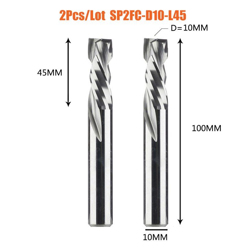 2PCS/LOT Compression Milling Cutter Woodwork UP&amp;DOWN Cut Two Flute Spiral Carbide Milling Tool CNC Router Bits Wood End Mill: 2PC-SP2FC-D10.0-L45