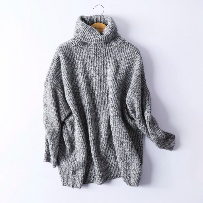 BIAORUINA Women Oversize Basic Knitted Turtleneck Sweater Female Solid Turtleneck Collar Pullovers Warm: Dark Grey / s