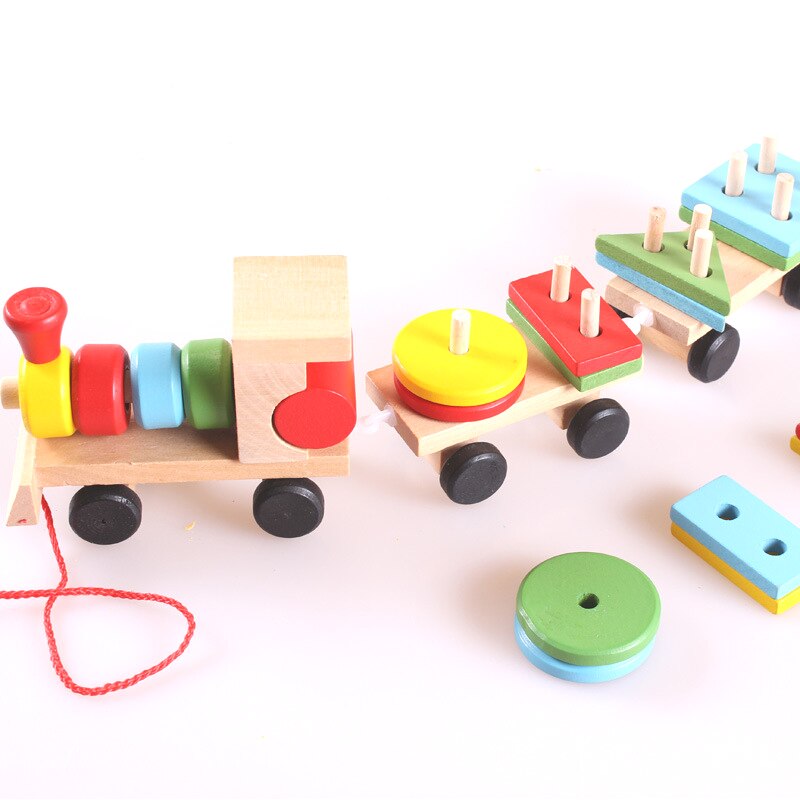 Spädbarn trätåg traktor leksak mult kul tidig pedagogisk leksak kolumn geometriskt matchande spel med dragsnöre för 0-3 år gammal