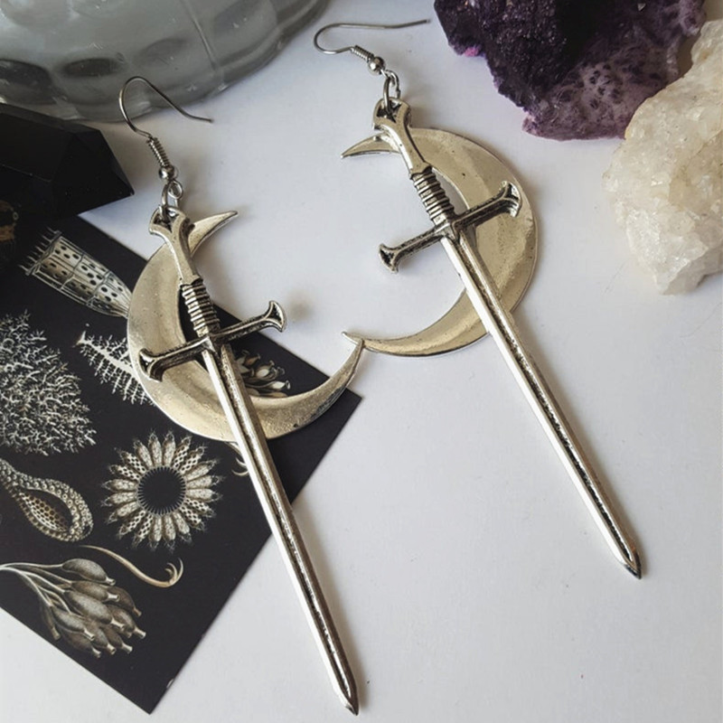 Pendientes de espadas góticas de Color dorado, Tarot Medieval gótico largo, declaración alternativa vikinga, para hombres y mujeres, joyería mística: PALLADIUM