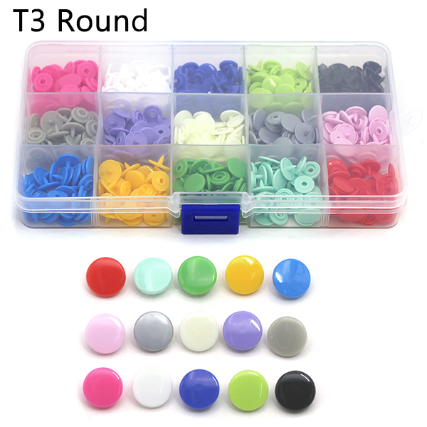 150 sæt  t3/t5 trykknapper til børn i æske plastikknapper til tøj runde/hjerte/stjerne trykknapper kam trykknapper diy: T3 runde