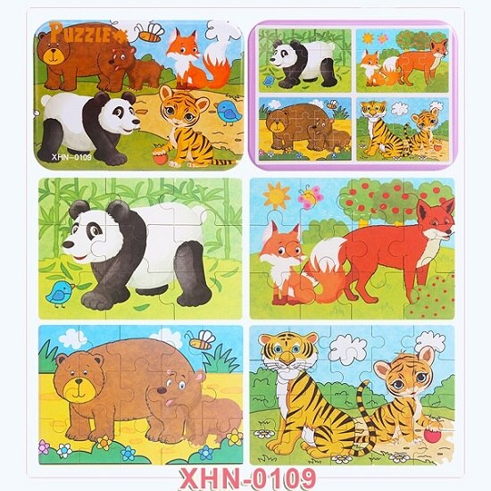 4 sztuk/pudło nowe cztery w jednym drewniane Puzzle zabawka dla dzieci zwierzęta/pojazd poznanie nauka zabawki edukacyjne dla dzieci MG-H01: XHN-0109