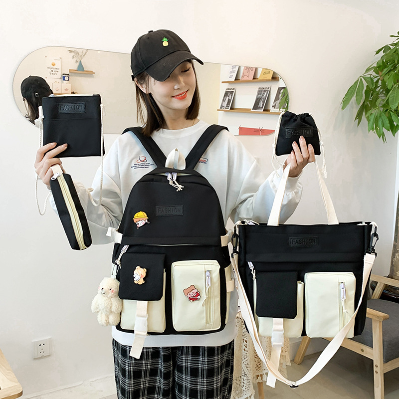 Школьный Девочка Рюкзак Женский 5Pcs Set Canvas Tas Kawaii Vrouwen School Rugzak Leuke Schooltassen Voor Meisjes Mochilas Bolso mujer