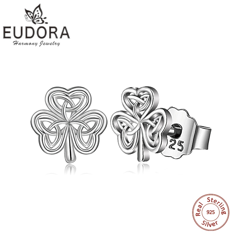 EUDORA 925 Sterling Silver Irlanda Celtics Shamrock Orecchino Della Vite Prigioniera Rhodium Orecchino Delle Donne di Angelo del Chiamante Gioielleria Raffinata Modo Dangler