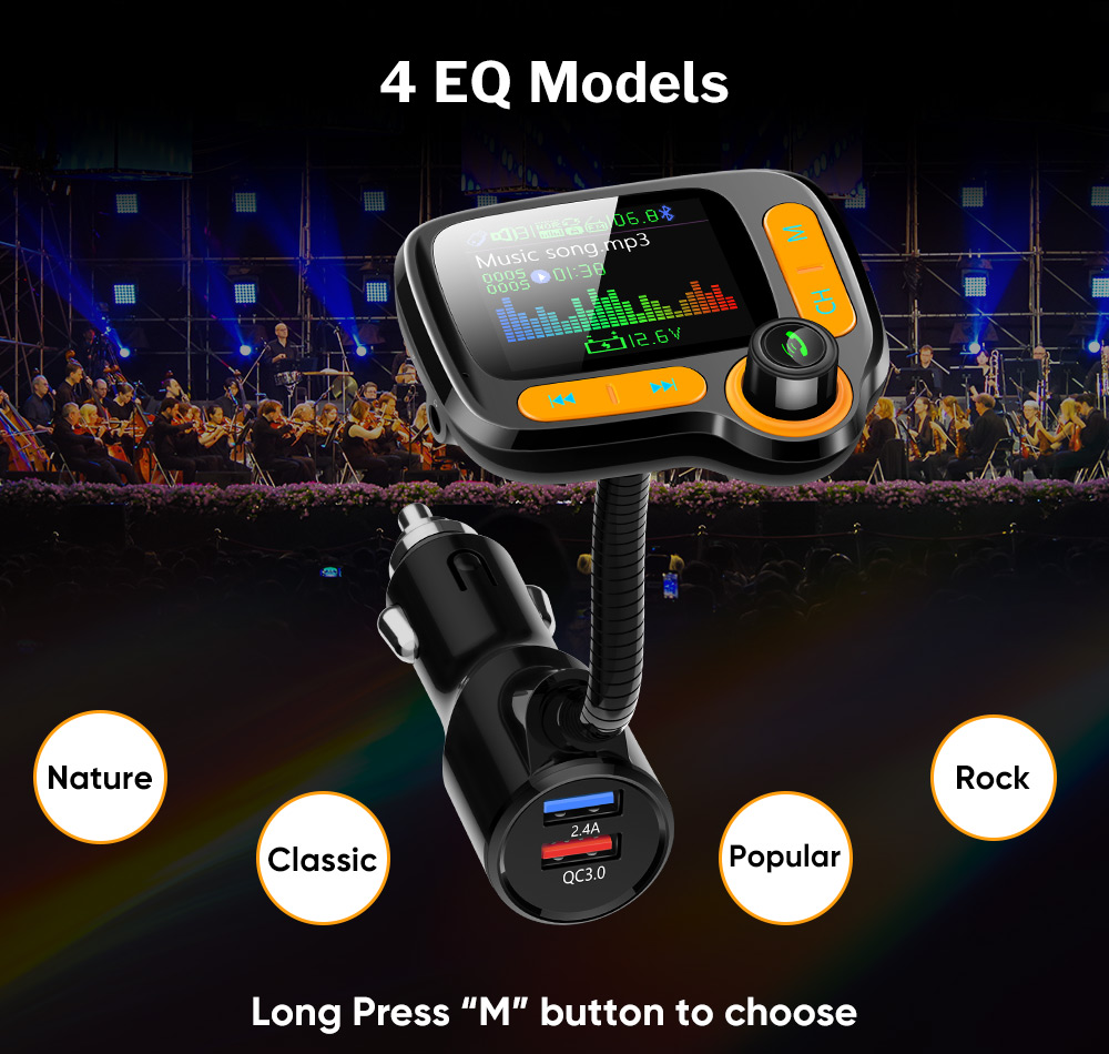 Deelife Bluetooth 5.0 nadajnik modulator FM samochodowy zestaw głośnomówiący z kolorowym ekranem automatyczny odtwarzacz MP3 podwójna szybka ładowarka USB