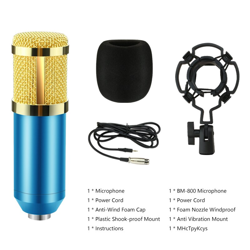 BM 800 Microphone Condenser Sound Recording Microphone With Shock Mount For Radio Braodcasting Singing Recording KTV Karaoke Mic: blue withou tripod
