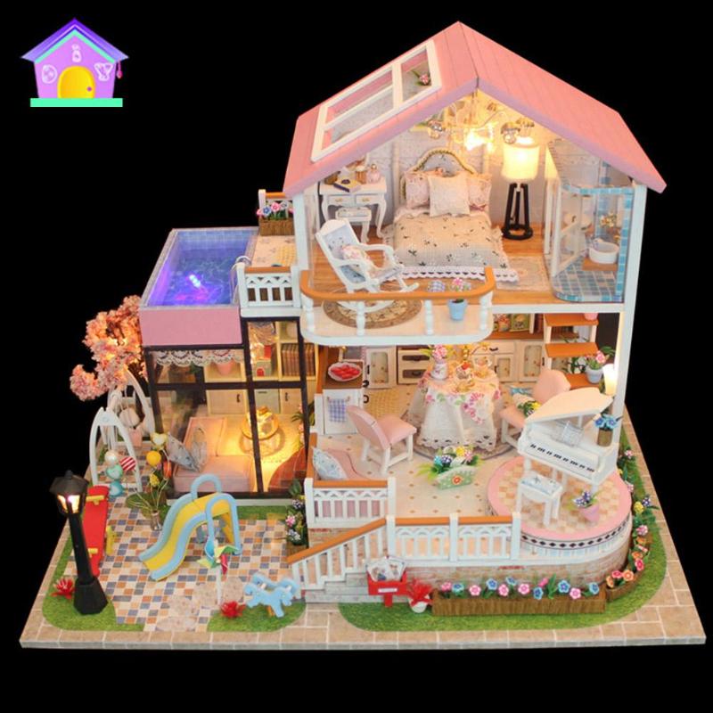 freundlicher Holz Miniatur Puppenhaus freundlicher DIY Puppe Haus Art Handgemachte Montage Modell Haus Spielzeug Junge Mädchen Puppenhaus Geburtstag