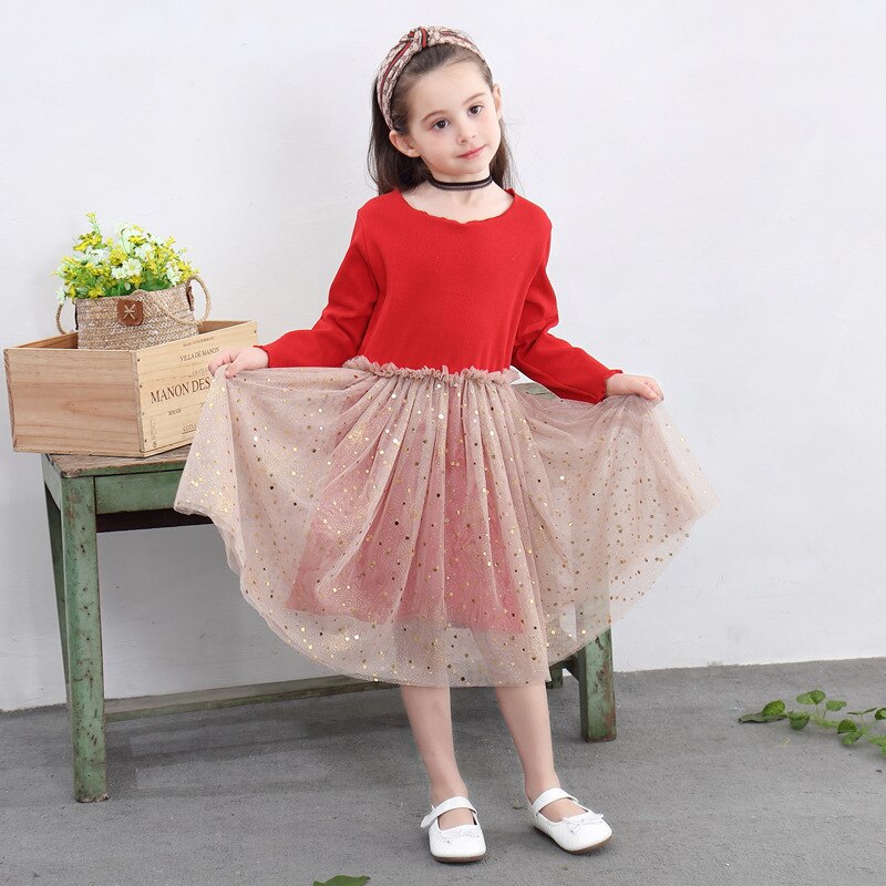Winter Autumn Girls Dress Long Sleeve Flare Sleeve Solid Black Red Dress Star Shiny Dress For Girls Baby Clohting