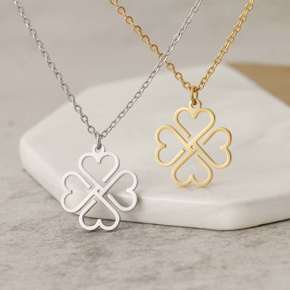 Edelstahl Anhänger Halskette - Kleeblatt & Kreuz - Gliederkette Choker für Damen