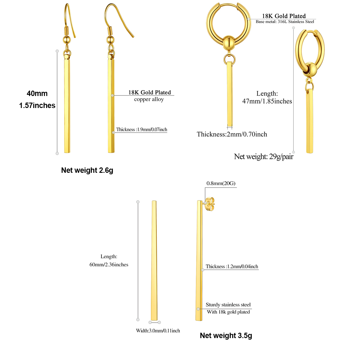 U7 Vertical Bar Earrings for Man Women Hypoallergenic Piercing Hook Hoop Bar Stripe Dangle Earring Daily Stylish Jewelry
