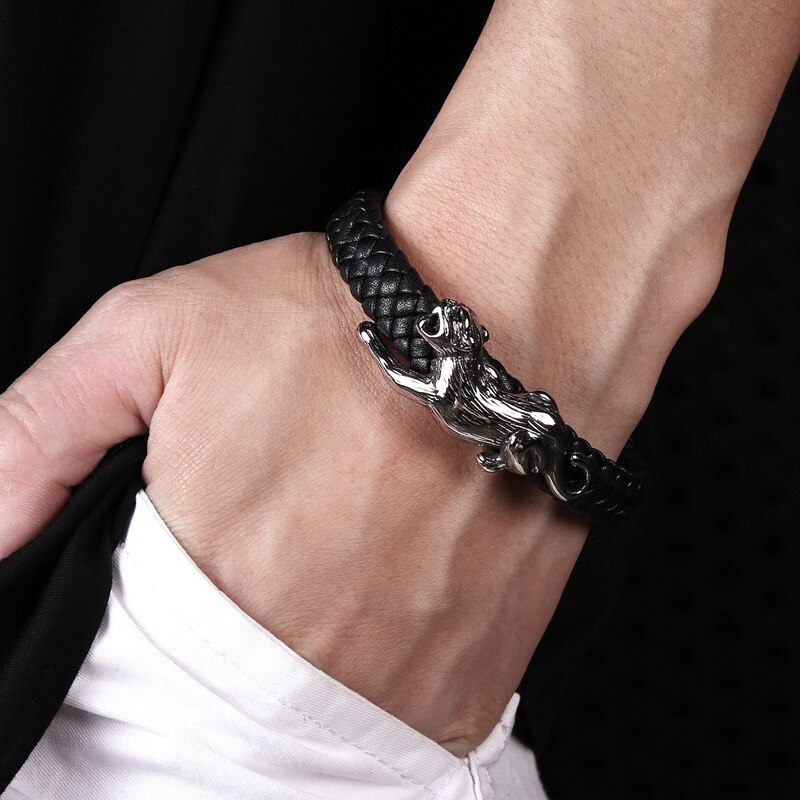 Klassieke Mannen Armband Black Leather Skeleton Rvs Magneet Gesp Armband Man Luipaard Sieraden PS2098