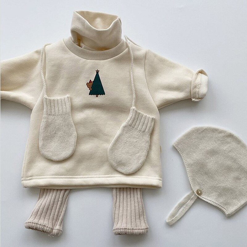 Autumn Winter Fleece Sweater For Baby Boys Warm Christmas Tops Christmas Tree Sweatshirt For Children Baby Girls Clothes: Beige White / 12m 80cm