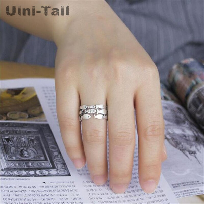 Uini-coda caldo nuovo 925 sterlina d'argento retrò gruppo di piccoli modelli di pesce anello aperto femminile Tailandese argento ampia-Fronte anello GN398