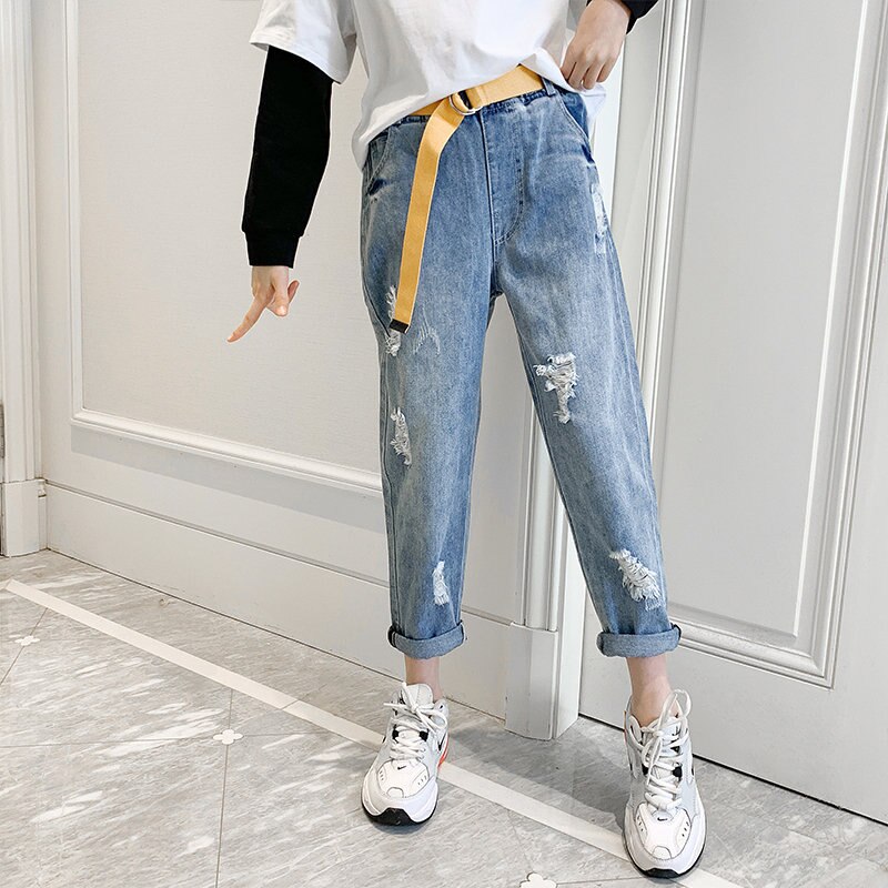 Children&#39;s Ripped Jeans for Girls Kids Casual Denim Trousers with Belt Teen Girl Pants For Age 4 5 7 9 11 13 Years