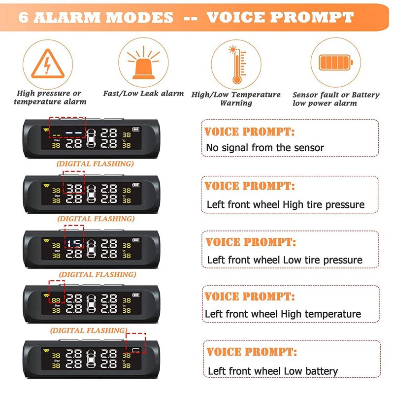 Draadloze slimme bandenmonitor op zonne-energie, tpms-bandenspanningscontrolesysteem op zonne-energie met 4 externe sensoren, ,6 alarmmodi