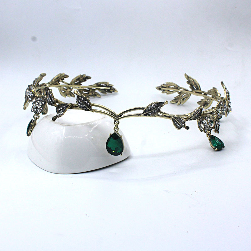 Vintage Bronze Emerald Green Fairy Crown Tiaras Crystal Leaves Elf Tiara Bandana Hair Accessories for Women Costume Hair Jewelry: Rhodium Plated