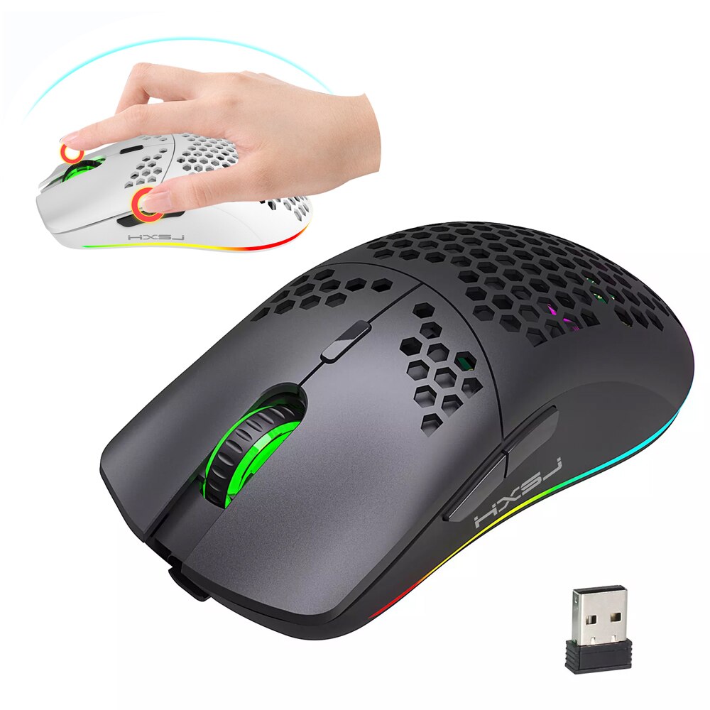HXSJ 2.4GHz Wireless Gaming Mouse Rechargeable Mouse with RGB Light Effect 4 Adjustable DPI Hollowed-out Honeycomb mouse For PC