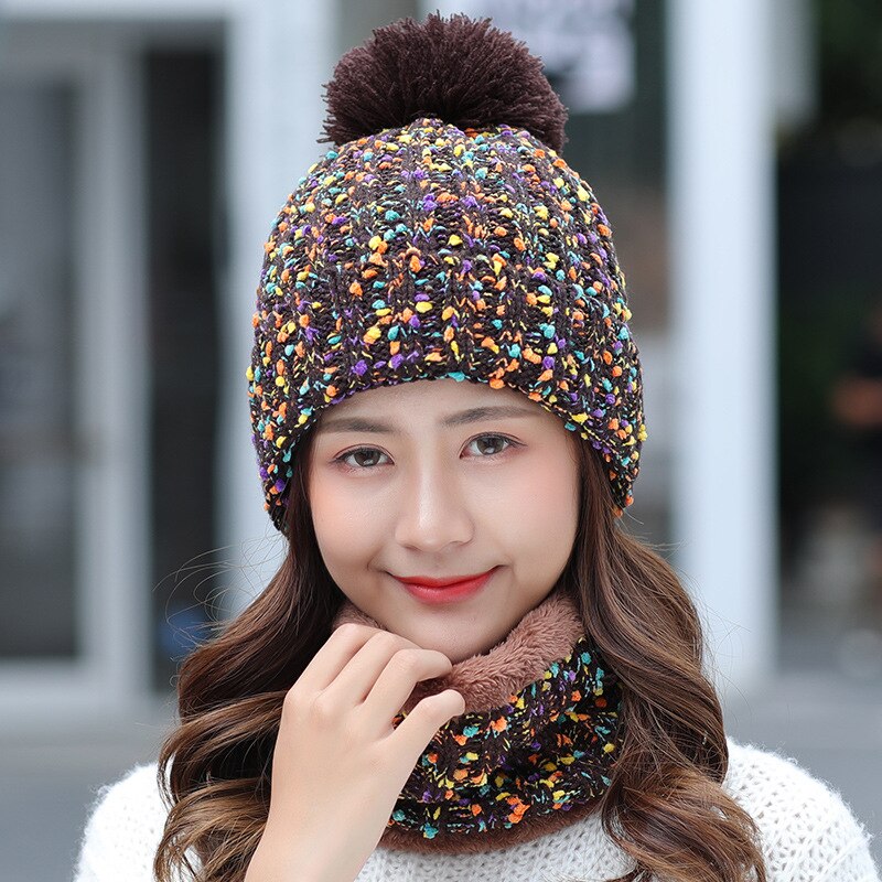 Moda inverno feminino cachecol conjunto de chapéu e cachecol para mulher menina quente beanies chapéu para meninas anel cachecol pompons chapéus de inverno: coffee